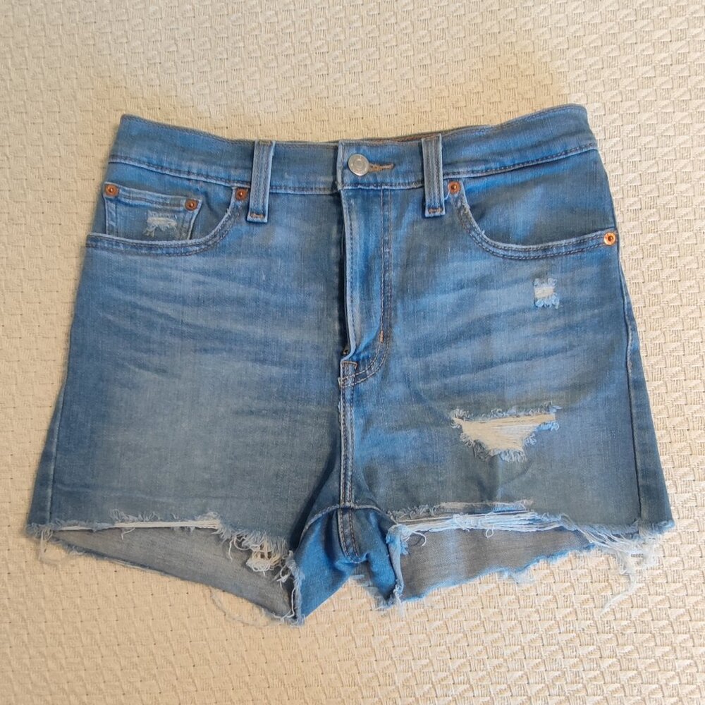 Levis Womens High Rise Stonewash Ripped Cut Off Hem Denim Jean Shorts Size W 28